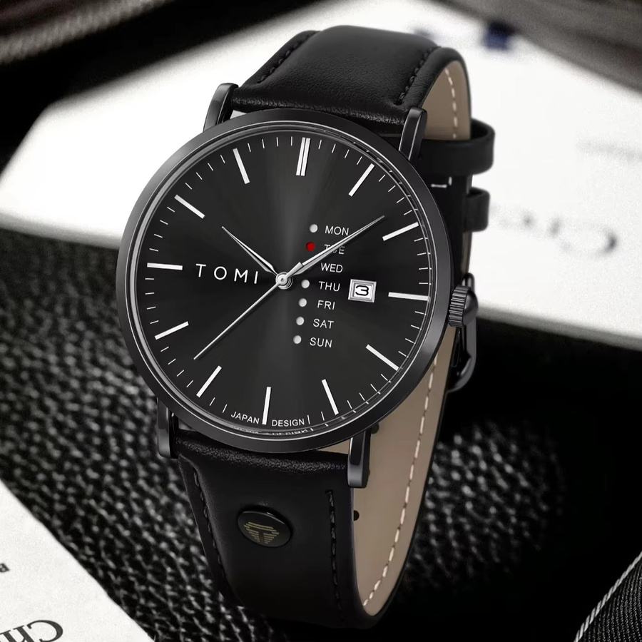 TOMI Armbanduhr, Quarz, Lederarmband, Wochentag, Schwarz, Herren - Bild 4