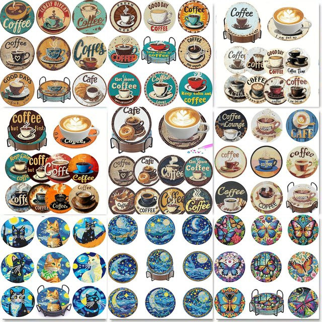 Diamant-Malset mit Kaffeemuster-Untersetzer, 8-teiliges Set, Bunt / Mehrfarbig - Bild 1