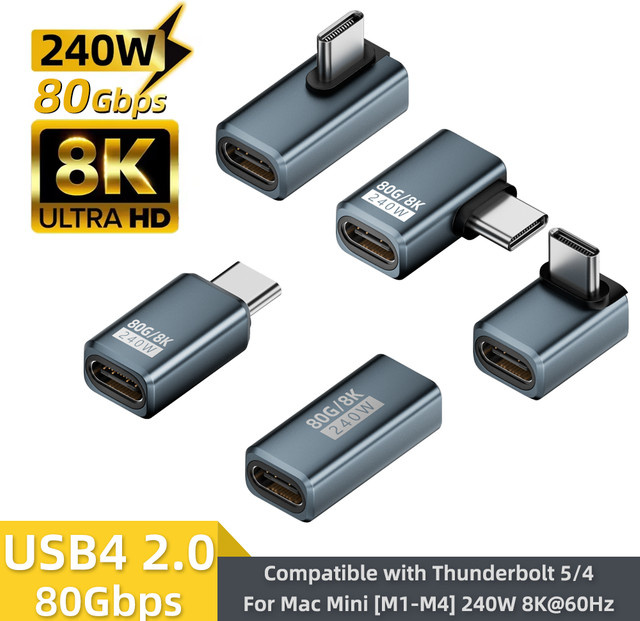 BSN USB4 2.0 USB-C auf Typ-C Winkeladapter in Grau mit 240W PD und 80Gbps Hochgeschwindigkeit für Macbook und 8K@60Hz - Bild 1