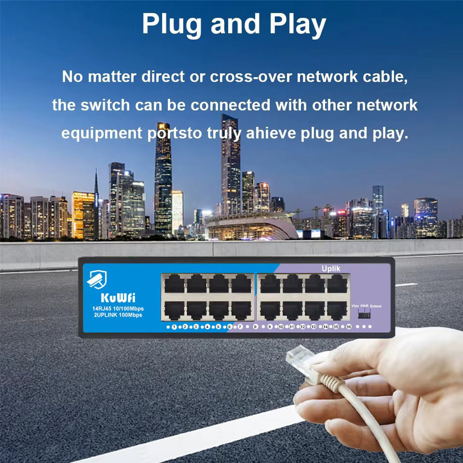 KuWFi POE Ethernet Netzwerk Switch mit 16 Ports, 100 Mbit/s, RJ45 Uplink Port, VLAN-Unterstützung und 250 Meter Reichweite für CCTV, IP-Kameras, AP, Router und PC, Schwarz - Bild 3
