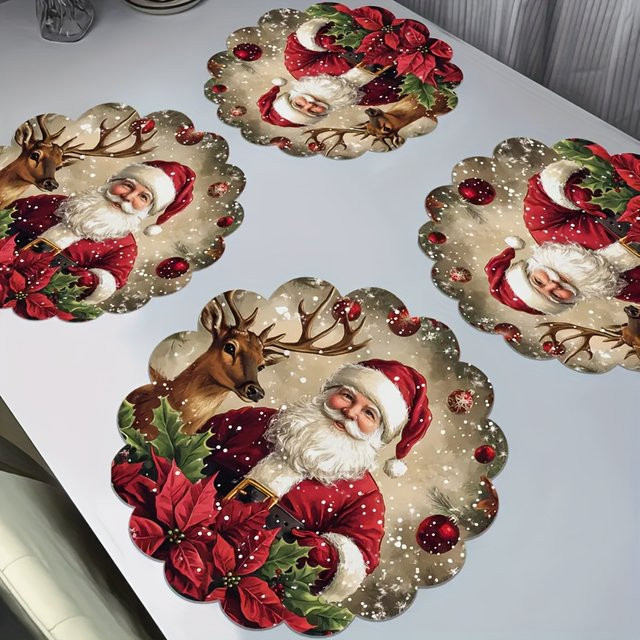 VIKAMA 4er Set Weihnachts Tischsets aus Leinen mit Weihnachtsmann und Rentier Motiv in Rot Grün Weiß - Bild 1