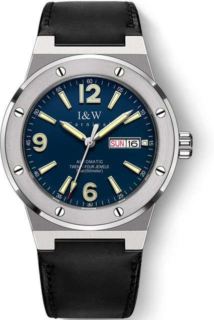I&W Fashion Armbanduhr, Automatik, Edelstahl, Leder, Blau, Herren - Bild 1
