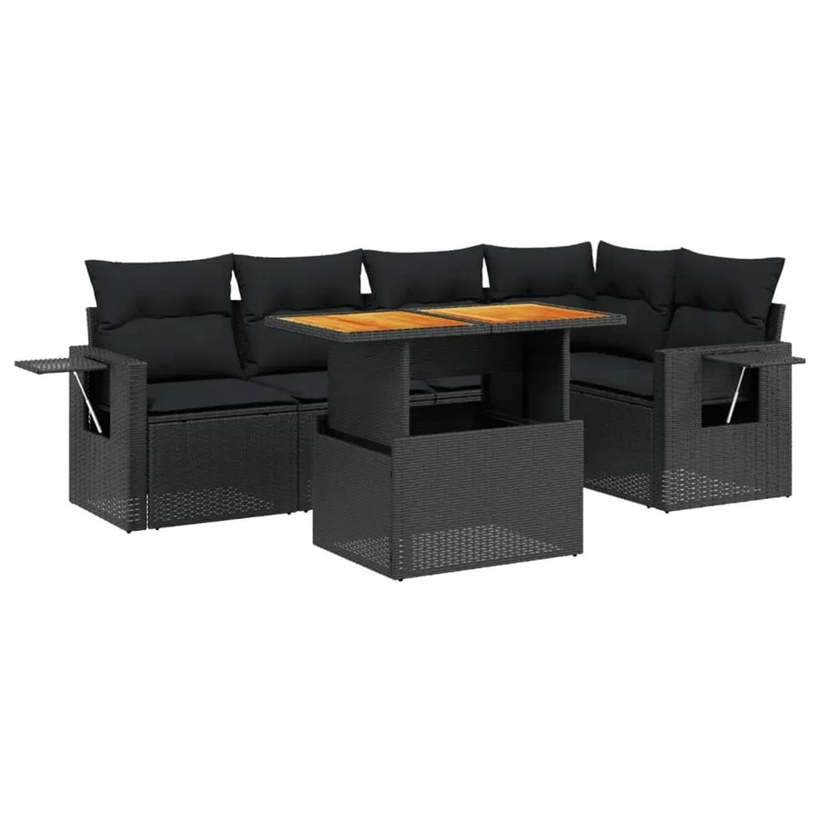 vidaXL 6-tlg. Garten-Sofagarnitur in L-Form aus Poly-Rattan und Akazienholz mit Kissen, Schwarz - Bild 2