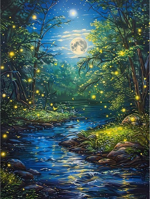 EverShine DIY 5D Diamant-Stickerei Flusslandschaft mit Mond und Bäumen, Mosaik-Malerei-Set in Multicolour, B/H: 30 x 20 cm - Bild 1