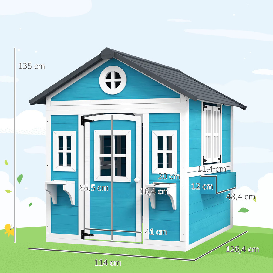 Outsunny Kinderspielhaus aus Tannenholz mit Fenster, Blumenregal, Pflanzenkasten und Tür, B/T/H: 126,4 x 114 x 135 cm, Blau - Bild 3