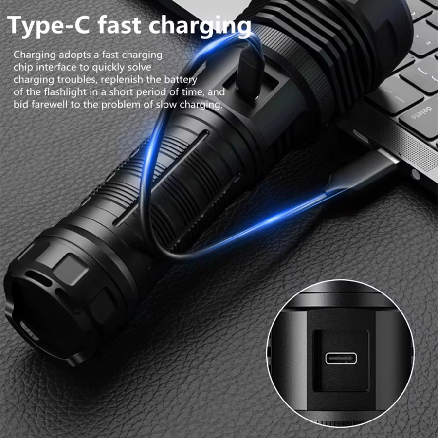Wasserdichte taktische LED-Taschenlampe aus Aluminium in Schwarz, USB wiederaufladbar für Outdoor und Camping - Bild 5