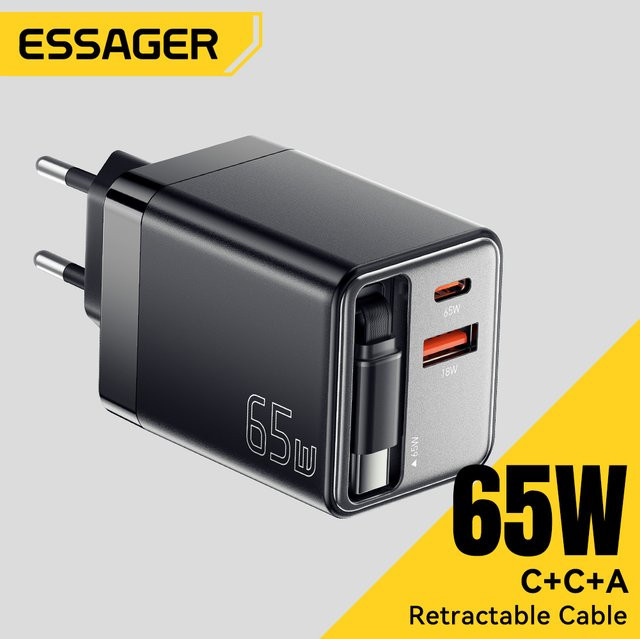 Essager 65 W GaN-Ladegerät mit einziehbarem USB-C-Kabel, PD-Schnellladung für Laptop, MacBook und iPhone, Schwarz - Bild 1