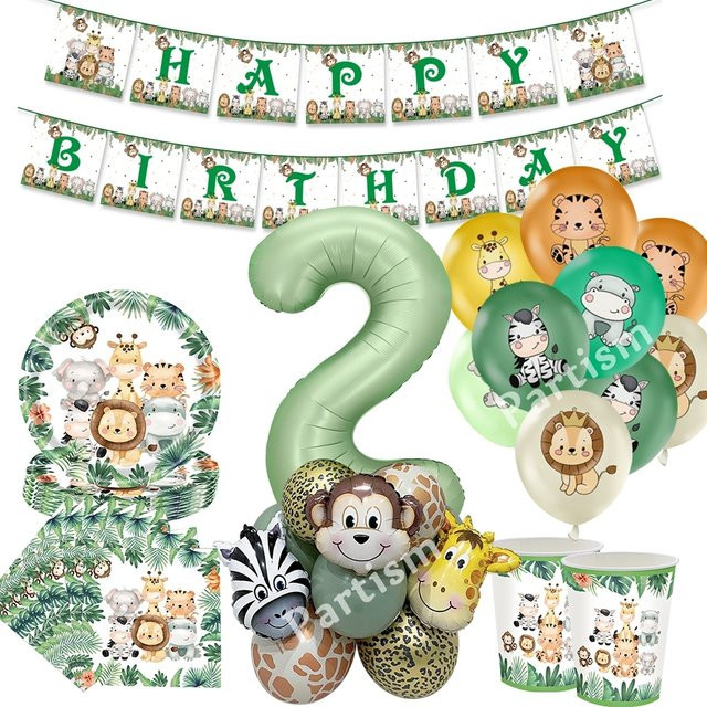 Partism Einweggeschirr Set aus Pappe mit Tier-Motiven für Kindergeburtstage im Dschungel- und Safari-Design, Mehrfarbig - Bild 1