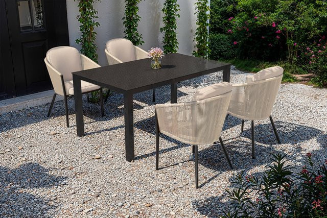 OUTFLEXX Tavio Garten-Essgruppe aus Aluminium, Rope und Spraystone in Anthrazit Matt und Beige mit 4 Diningsesseln, B: 160 cm, T: 95 cm - Bild 1