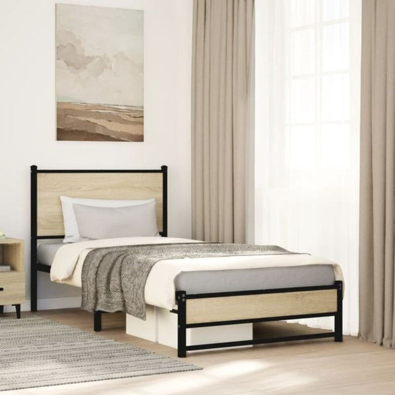 Metallbett Vidaxl in Sonoma-Eiche Natur und Braun, B/T/H: 90 x 190 cm - Bild 1