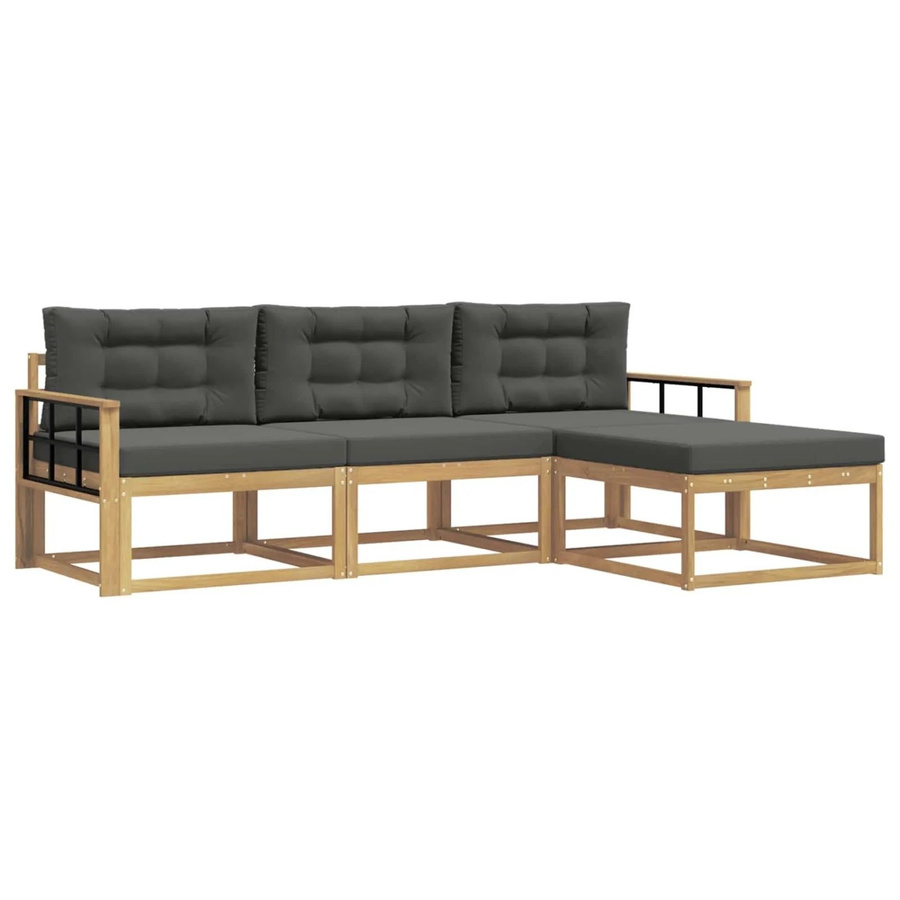 vidaXL Outdoor-Sofagarnitur 4-teilig L-Form mit Ottoman, Akazienholz und UV-beständigem Polyester in Weiß und Anthrazit - Bild 2