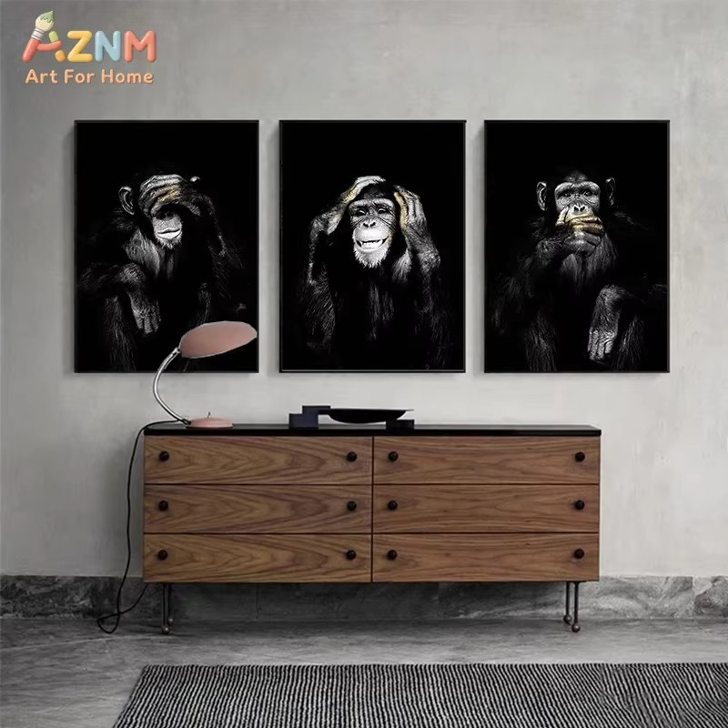 AZNM Wandkunstdruck Drei Weise Affen Schimpansen als Leinwand-Wanddekoration in Schwarz-Weiß - Bild 2