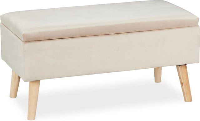 Relaxdays Sitzbank aus Samt und Eukalyptusholz in Beige mit Stauraum, B/T/H: 80 x 40 x 41 cm - Bild 1
