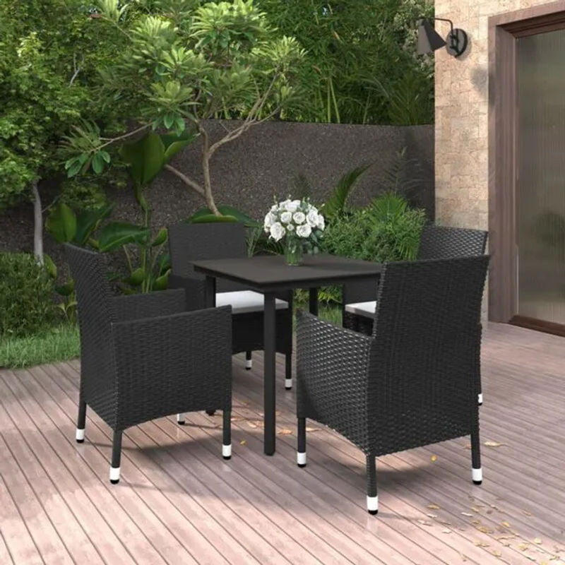 5-tlg. moderne Garten-Essgruppe aus Poly-Rattan und Glas mit Auflagen in Schwarz von vidaxl - Bild 1