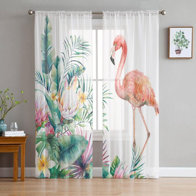 Super Six Transparenter Chiffon Vorhang mit Flamingo und Schildkrötenblatt Motiv, Multicolour, Breite: 135 cm, Höhe: 183 cm - Bild 1