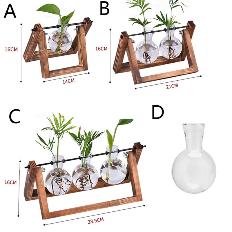 Vintage Hydrokultur Pflanzenvase aus Glas mit rundem Holzrahmen für Bonsai und Terrarium, transparent - Bild 5
