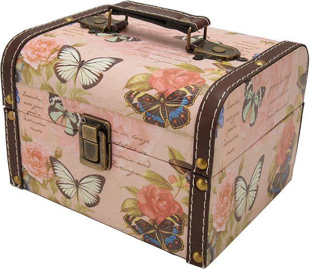 Neoglint Schatztruhe Box mit Schmetterlingsmuster in Rosa und Beige aus Holz und PU Leder - Bild 1