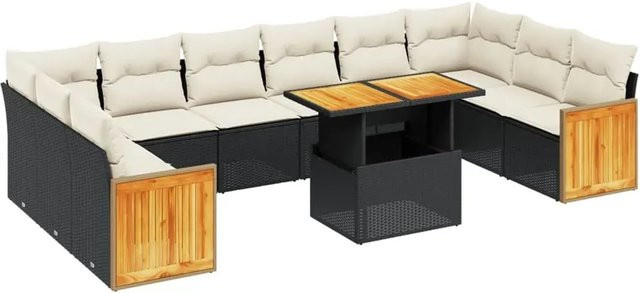 vidaXL 11-teilige Garten-Sofagarnitur in U-Form aus Poly-Rattan und Akazienholz mit Kissen, Schwarz - Bild 1