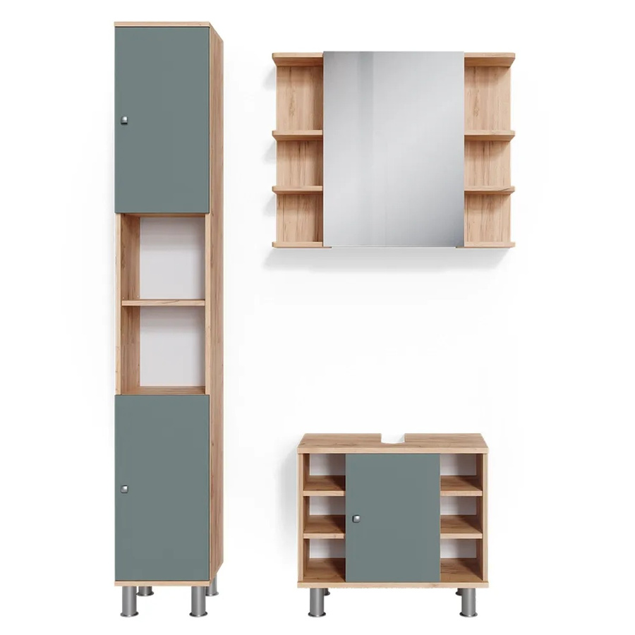 Vicco Badmöbelset Fynn in Eiche Grün mit Spiegelschrank, Unterschrank und Hochschrank - Bild 3