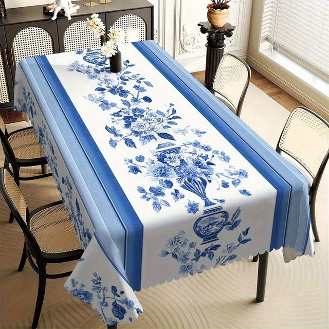 Vintage Tischdecke mit Blumenmuster von Fancy Style Studio in Blau-Weiß, Polyester, B x L: 140 x 220 cm - Bild 1