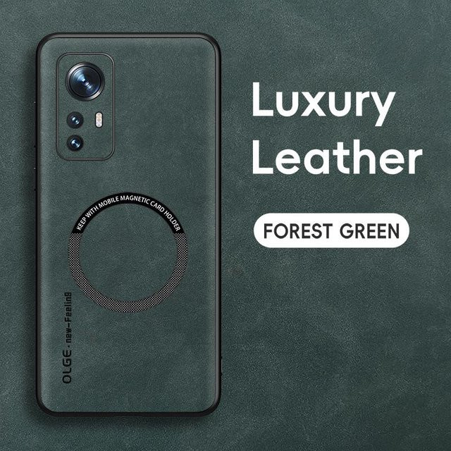 Xiaomi Handyhülle aus Schafsleder mit magnetischer TPU-Kante in Grün für Xiaomi 12, 12X, 12S, 12 Lite, 12 Pro und 12S Ultra - Bild 1