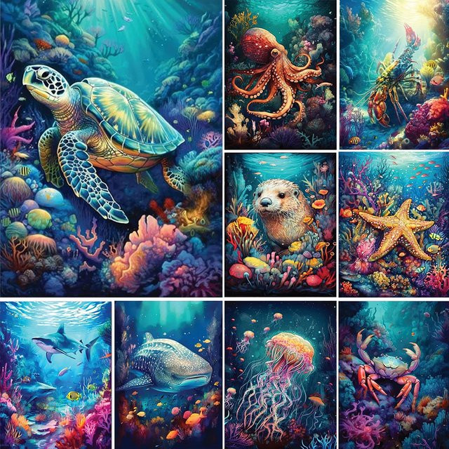 Potdemiel Diamantmalerei Unterwasserwelt mit Delfin, Schildkröte, Qualle und Krabbe als Mosaik-Stickerei Set in Multicolor - Bild 1