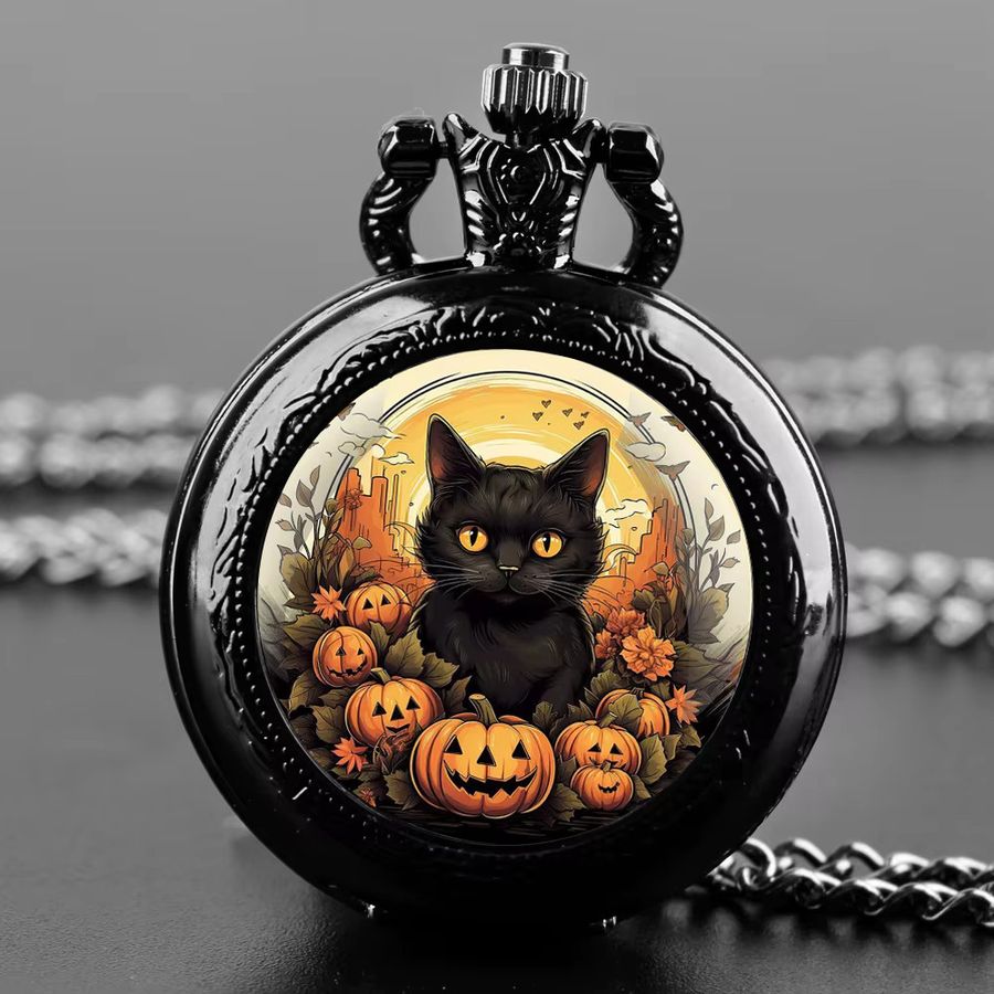 RUNERR Halloween Quarz-Taschenuhr mit schwarzer Katze, Glaskuppel und Kette, Schwarz - Bild 2