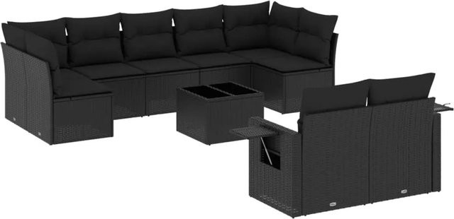 vidaXL 10-teilige Garten-Sofagarnitur in L-Form aus Poly-Rattan und pulverbeschichtetem Stahl mit Kissen in Schwarz - Bild 1