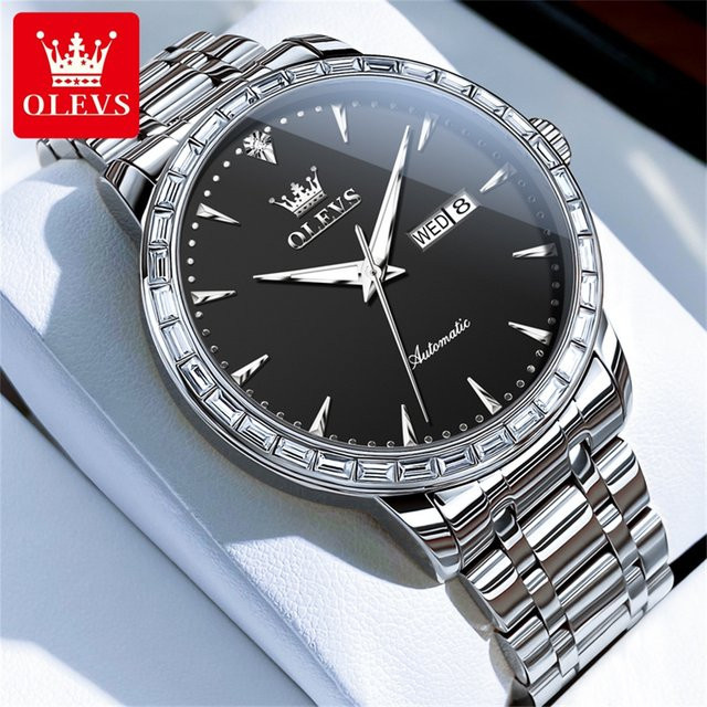 OLEVS Armbanduhr, Automatik, Edelstahl, Diamant, Herren, Schwarz, Silber - Bild 1