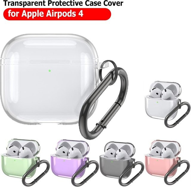 Transparente Silikon Schutzhülle für Apple AirPods 4 mit Schlüsselbund, wasserdichte TPU Kopfhörer Case in Transparent oder Schwarz - Bild 1