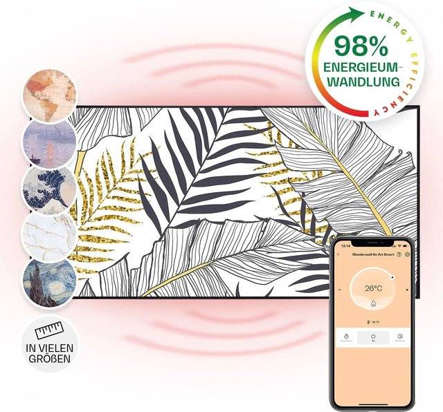Klarstein Wonderwall Air Art Smart Infrarotheizung mit App-Steuerung, Motiv Blatt, Schwarz, B: 120 cm, H: 60 cm, 700 W - Bild 1