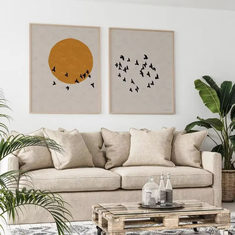 Potdemiel Leinwand Wandkunst Japanischer Sonnenaufgang mit Vogelschwarm in minimalistischem Japandi Zen Stil, Grau und Beige, Abstraktes Landschaftsmotiv im Hochformat - Bild 2