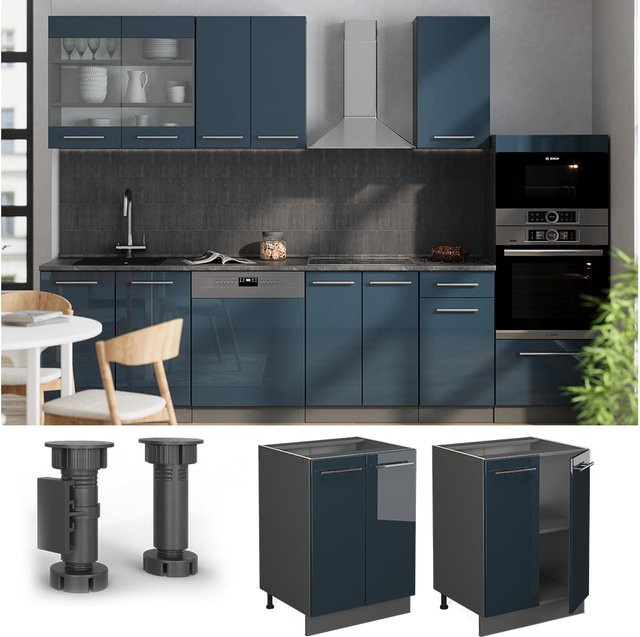 Vicco Küchenunterschrank Fame-Line Dunkelblau Hochglanz und Anthrazit mit Arbeitsplatte Eiche, Breite: 60 cm - Bild 3
