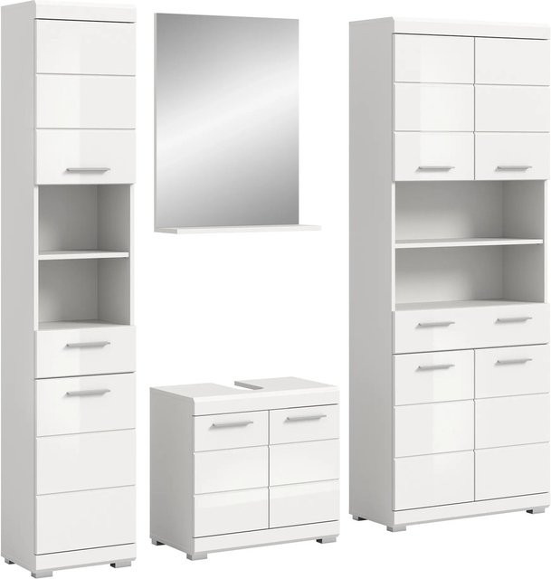 Badkombination Xonox in Weiß Hochglanz mit Unterschrank, Hochschrank und Spiegelschrank, B/H/T: 186 x 191 x 34 cm - Bild 1