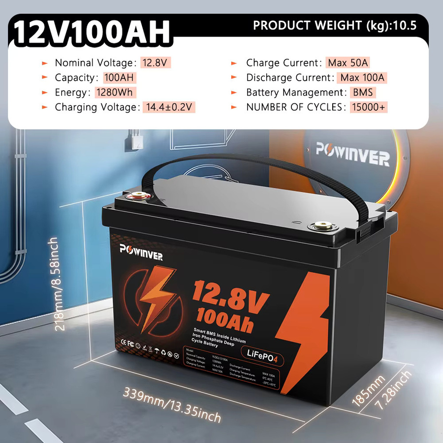 POWINVER 12,8V 100Ah LiFePO4 Lithium-Batterie mit Smart-BMS in Schwarz für Solar, Wohnmobil und Boot - Bild 4