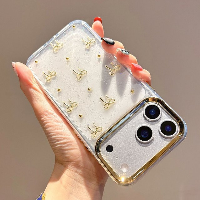 Transparente 3D-Glitzer-Schutzhülle mit goldener Schleife für Apple iPhone 17 16 15 14 13 12 11 Pro Max Plus, klare Glitzer-Abdeckung - Bild 1