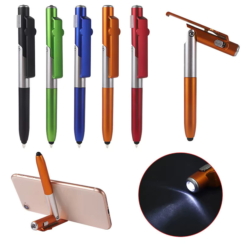4-in-1 Multifunktions-Kugelschreiber aus Metall in Schwarz mit LED-Taschenlampe, Touch-Stift und zusammenklappbarem Telefonhalter - Bild 3