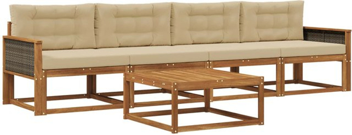 vidaXL Outdoor-Sofagarnitur aus Akazien-Massivholz mit 5 Kissen in Natur und Beige - Bild 1