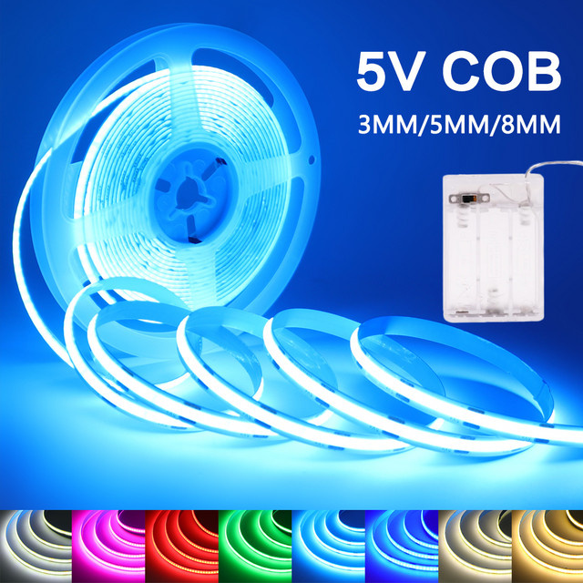 XUNATA COB LED Lichtstreifen Blau, 5V AA Batteriebetrieben, Flexibles LED Band mit Selbstklebeband, Hohe Dichte RA90 Linearbeleuchtung - Bild 1