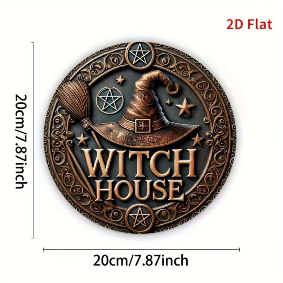 HELLOYOUNG Vintage Hexenhaus Metallschild, Kreisförmige Eisen Wanddekoration mit Sternen, Hexenhut und Besen Design für Halloween, Braun, Durchmesser: 30 cm - Bild 2