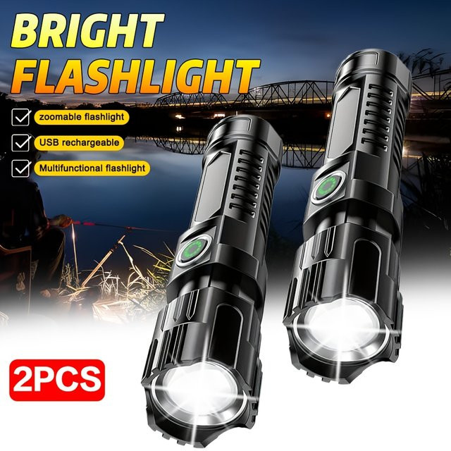 KDULIT LED Taschenlampe aus Aluminium in Schwarz, wiederaufladbare USB-Taschenlampe mit COB-Licht und Zoomfunktion für Camping und Notfälle - Bild 1