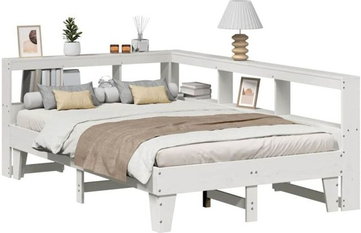 Massivholzbett Vidaxl aus Kiefer mit Regal in Weiß im Landhausstil, B/T/H: 135 x 190 x 80 cm - Bild 1
