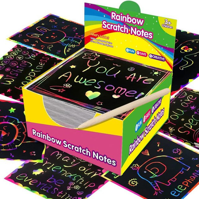 TYFYO Kratzpapier-Kunstset mit 100 Regenbogen-Zauberpapier-Karten und 2 Bambus-Stylus in Schwarz - Bild 1