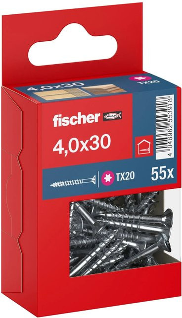 Fischer PowerFast II Senkkopf Teilgewinde Schraube mit Torx-Antrieb aus verzinktem Stahl, Durchmesser: 4 mm, Länge: 30 mm, 55 Stück - Bild 1