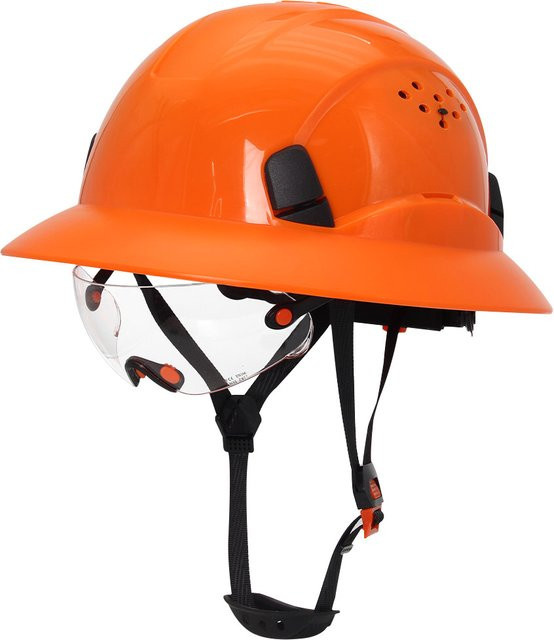 Aolamegs Schutzhelm mit voller Krempe und integrierter Schutzbrille in Grün und Orange, CE-zertifiziert, atmungsaktiv für Baustelle und Industrie - Bild 1
