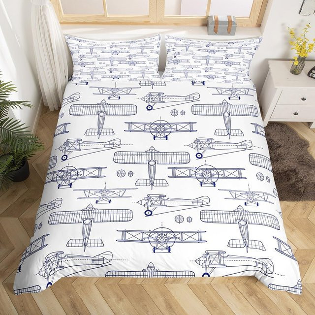 Binchi Outdoor Product Bettwäscheset mit Flugzeug-Motiv in Blau, Rot und Weiß, 3-teilig, B/H: 150 x 200 cm - Bild 1