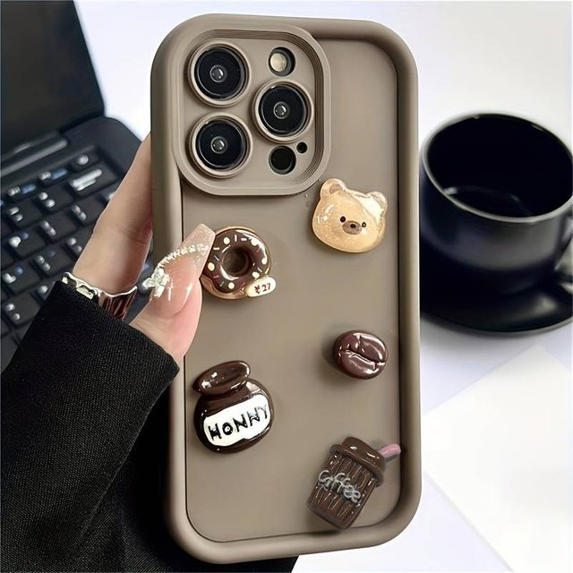 Stoßfeste Silikon Handyhülle mit 3D Bär und Donut Design für Apple iPhone Modelle in Braun - Bild 1