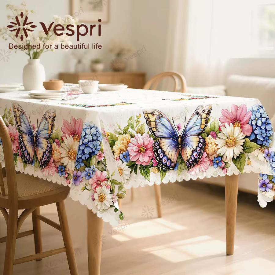 Vespri Frühlingstischdecke mit Blumenmuster und Schmetterlingen in Pastellfarben aus Polyester, Rund - Bild 2
