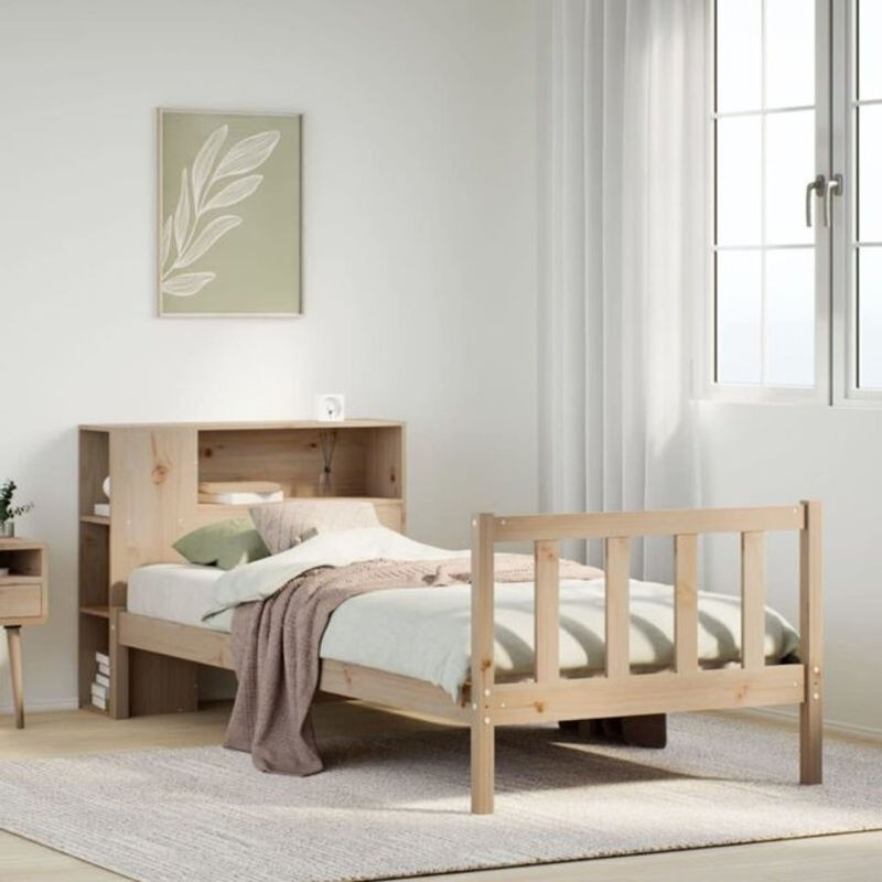 vidaxl Massivholzbett aus Kiefer mit integriertem Bücherregal in Braun und Natur, B/T/H: 190 x 75 x 82 cm - Bild 1