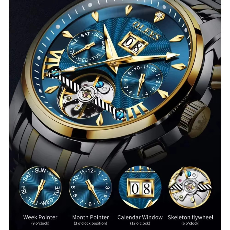 OLEVS Armbanduhr Automatik, Edelstahl, Blau, Herren - Bild 3